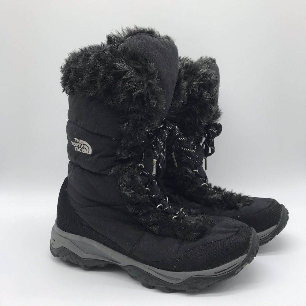 The North Face Sz 5 Winter Boots Faux Fur Trim Shoes Winter Tall Black Lace Up